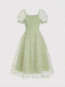 SHEIN MOD Plus Size Women's Sage Green Romantic Flapper 1920s Cottage Core Embroidered Puff Sleeve Mesh Midi Dress Vintage Court Style Old Money Vibe Wedding - Green - View 3