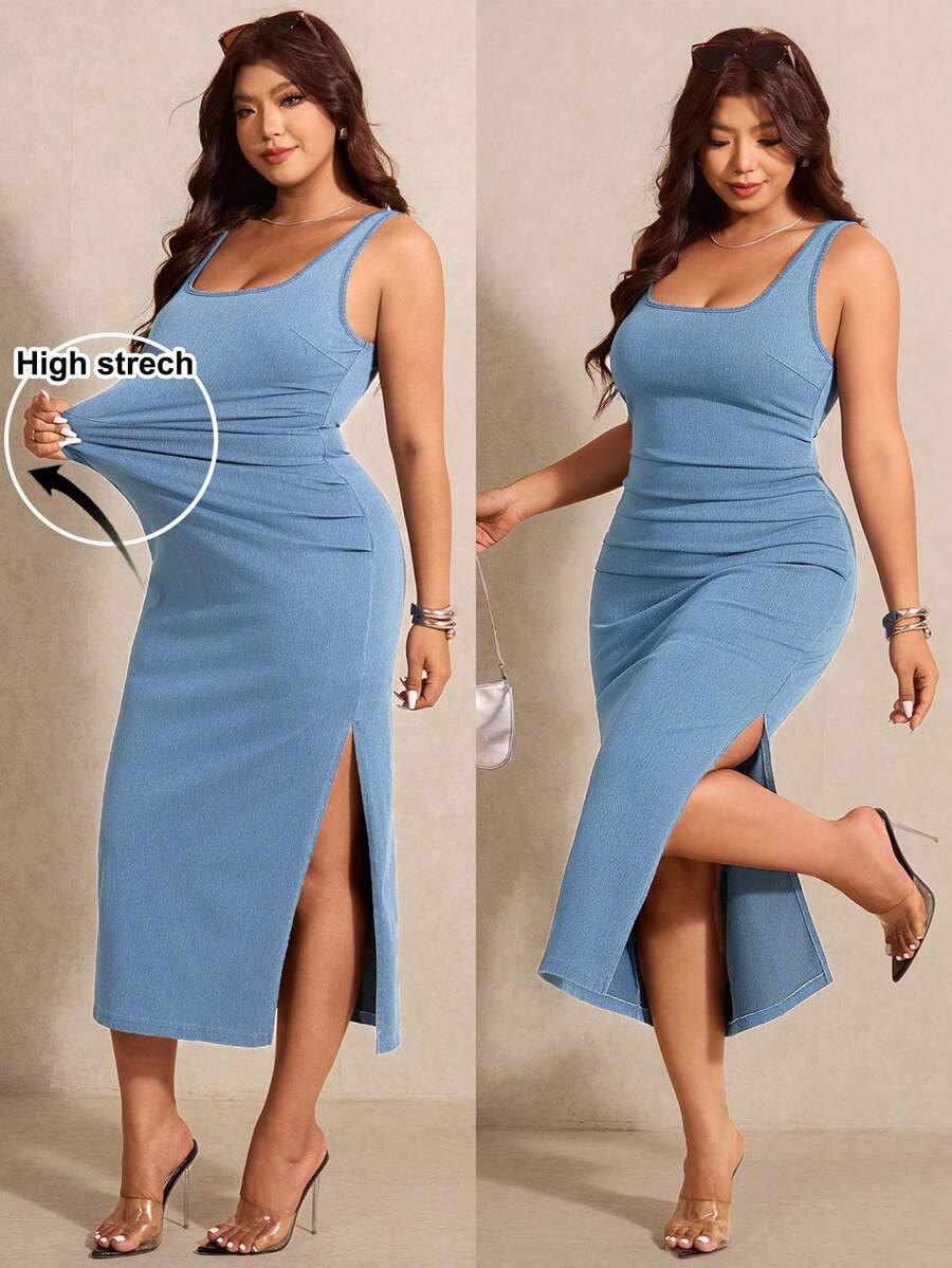 Elaquor Plus Size Women's Square Neck Sleeveless Side Slit Denim Dress