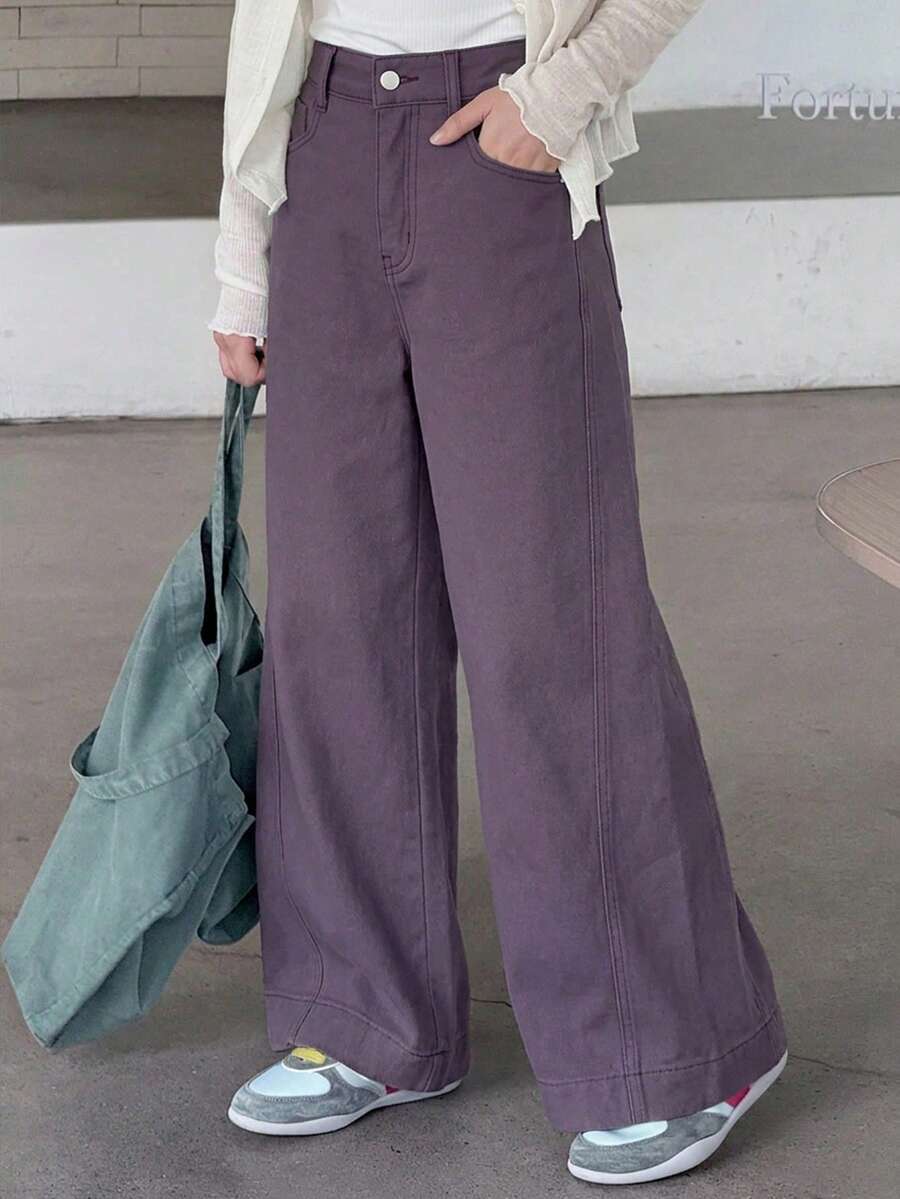 Dazy Kids Tween Girls' Casual Everyday Commute Loose Fit Solid Color Wide Leg Jeans - Purple - View 1