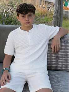 SHEIN Teen Boys Summer Casual Basic Plain Casual Simple And Comfortable White Textured Fabric Breathable Small Stand-Up Collar Short Sleeve Hot-Selling Polo Shirt, Suitable For Spring/Summer, Daily Wear, Sports, Outings, School, Parties, Festivals, Photoshoots - White - View 2