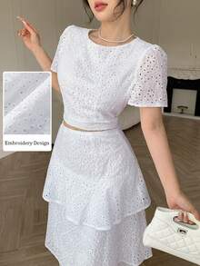 Modelyn Spring/Summer Hollow Embroidery Short Sleeve Round Neck Cropped Top Layered Cake Long Skirt 2 Pieces Set Vacation White Elegant - White - View 4