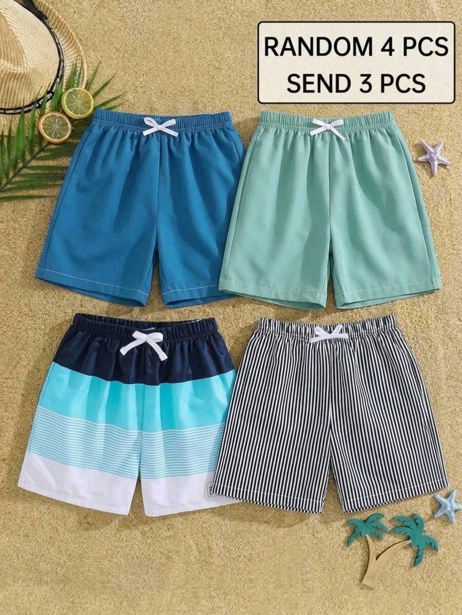 SHEIN (Acak 4 Pcs, Kirim 3 Pcs) Set Celana Renang/Celana Pantai Kasual Olahraga Nyaman Warna Polos Bergaris Longgar Tenun untuk Anak Laki-laki, 3 Potong