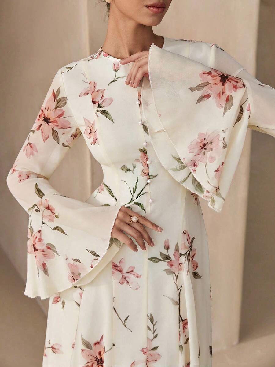 Graceveil 花卉印花鈕扣喇叭袖長袖洋裝 - 杏色 - 查看 1