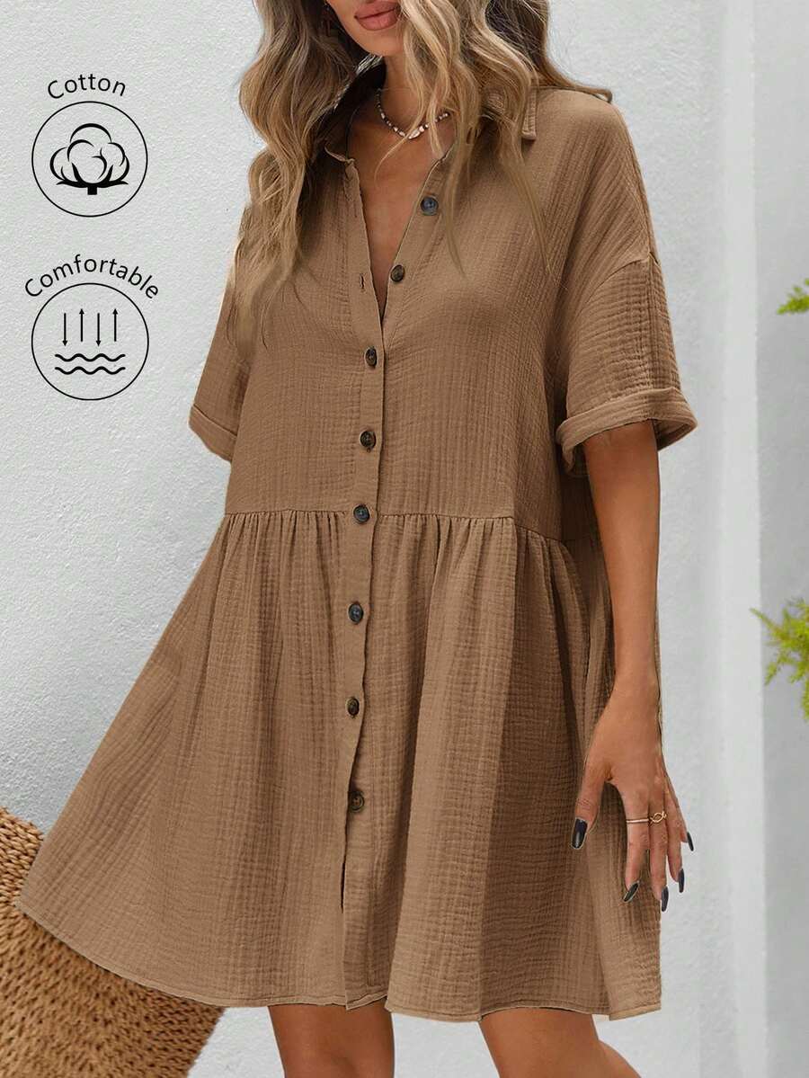 SHEIN VCAY Plus Size Shirt Collar Batwing Sleeve Patchwork Dress - Brown - View 1