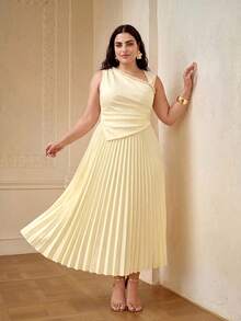 ZEYLAH Plus Size Women's Cinched Waist Gathered Bead Chain Decor Ruched Long Dress Spring Summer - Apricot - View 4