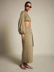 KSTM One Shoulder Long Sleeve Crop Top And Wrap Midi Skirt Two Piece Co-Ord Set Summer Vacation Brunch Khaki Sexy Elegant - Khaki - View 5