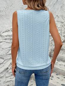 SHEIN LUNE 女款鏤空刺繡鑰孔領背心上衣 - 藍色 - 查看 2