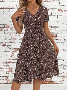 SHEIN Clasi Women's Ditsy Floral Midi Vacation Dress Vacation White Floral Summer Boho - Brown - View 3
