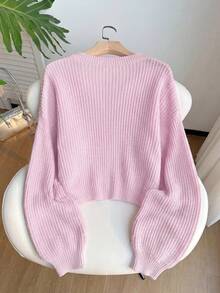 SHEIN EZwear 大尺碼女款秋冬休閒度假通勤簡約純色V領落肩寬鬆短版開襟衫 - 淺粉色 - 查看 2