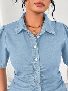 Elenzga Plus Size Women's Single Breasted Casual Party Denim Dress - Light Wash - View 6