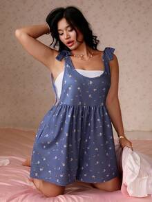 CovetEZ Plus Size Blue And White Ditsy Floral Tie-Front Casual Gothic Renaissance Fairycore Boho Jumpsuit, Spring/Summer Vacation Date Night - Blue - View 4