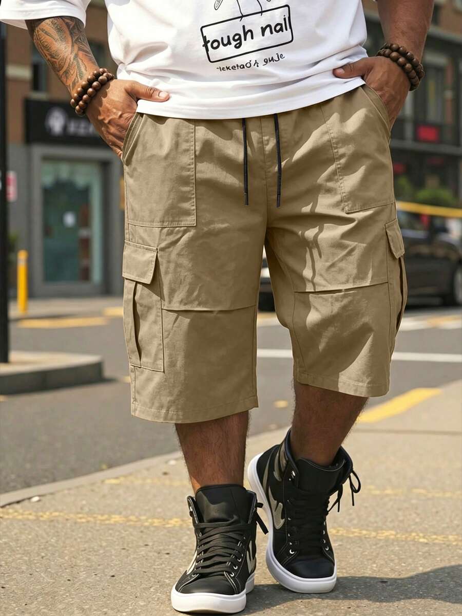 Manfinity Homme Plus Size Men's Solid Color Drawstring Waist Loose Casual Capri Pants, Spring/Summer - Khaki - View 1