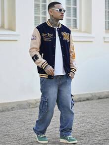 Devon Thys Aesthetic Post--Men's Solid Color Patchwork Front Button Letter Print Casual Baseball Jacket, Going Out Street Wear Long Sleeve Rave Color Block Jacket, For Friends, Husband, Boyfriend Gifts, For Fall - Multicolor - View 2