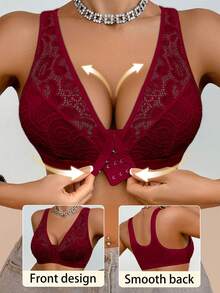 Crystal Vow Lace Patchwork Front Button-Up Women's Non-Wired Bralette 1 Piece - Burgundy - View 1