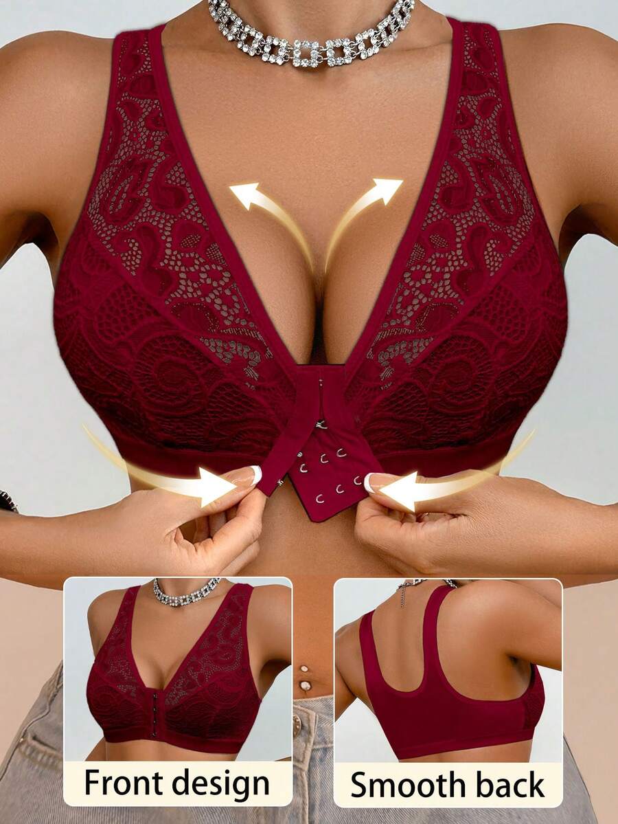 Crystal Vow Lace Patchwork Front Button-Up Women's Non-Wired Bralette 1 Piece - Burgundy - View 1