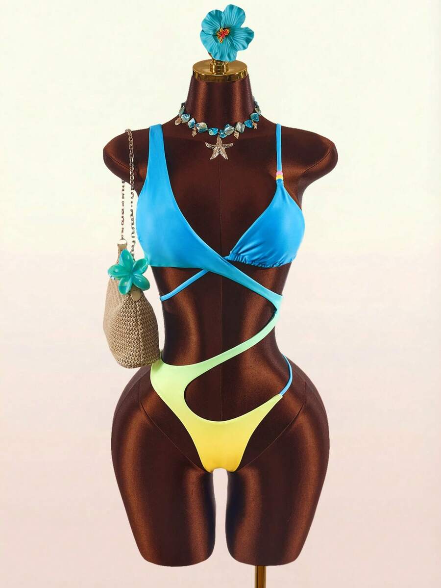 Amplova Traje de baño de una pieza para mujer, sexy y vanguardista, con degradado, recortes y cuentas, adecuado para atuendos de vacaciones, con detalles de recortes asimétricos - Verde - Ver 1