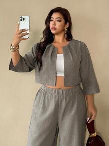 Auralis Plus Size Women Pleated Design Open Front 3/4 Sleeve Blazer Outfits Office Work Casual Elegant Summer Daily For Fall/Winter Gray - Grey - View 5