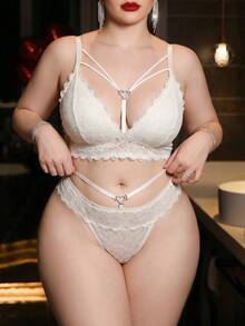 Seduluxe 大尺碼蕾絲無鋼圈內衣套裝 - 杏色 - 查看 3