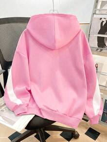 SHEIN 青少年女孩針織拼色字母印花圖案寬鬆休閒運動衫 - 粉色 - 查看 2