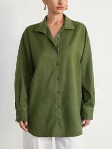 Aveloria Modichic Autumn/Winter New Women's Striped Safari Style Draped Loose Commuter Casual Long Sleeve Turn-Down Collar Stand Collar Belted Mid-Length Shirt - Green - View 5