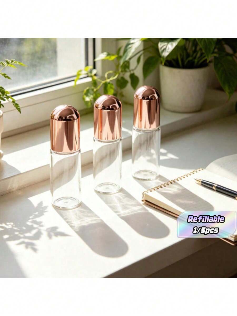 1/5 Pieces 3ml 5ml Clear Glass Roll-On Bottle With Rose Gold Cap, Empty Mini Refillable Perfume Bottle For Travel - Rose Red - View 1
