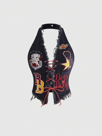 Betty Boop | ROMWE Top de mezclilla para mujer con cuello halter, estilo motociclista, colaboración IP, temporada de regreso a clases, estilo universitario, sexy, chica hot, estampado de mezclilla, bloques de color y cordones