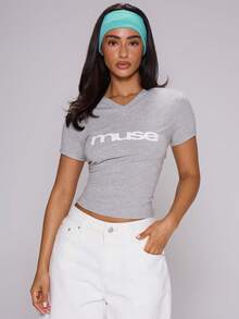 MUSERA Grey Jersey Graphic Printed V Neck Fitted Top - Black and White - View 1