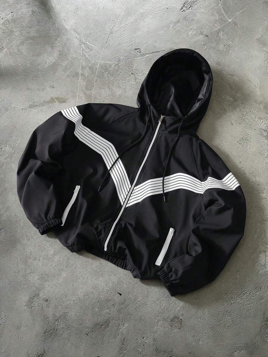 PAVTROS Men's Spring/Autumn Casual Colorblock Striped Hooded Jacket - Black - View 1