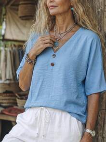 Zayélia Blusa holgada de mujer con cuello en V y botones de estilo lino sintético, nueva temporada - Azul - Ver 8