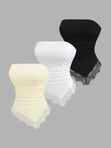 Sweetra Women's Spring/Summer Vacation Casual Lace Patchwork Asymmetrical Hem Design Black White Yellow 3 PiecesTop Set - Multicolor - View 1