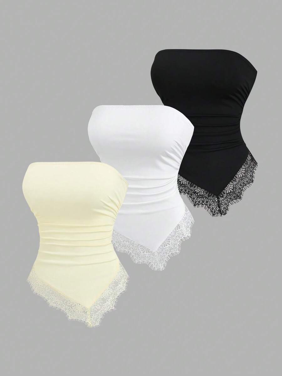 Sweetra Women's Spring/Summer Vacation Casual Lace Patchwork Asymmetrical Hem Design Black White Yellow 3 PiecesTop Set - Multicolor - View 1