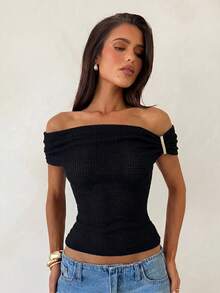 Aloruh Women's Solid Color Knit Off-Shoulder Top With Metal Decor - Black - View 5