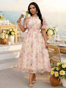 Fleurora Vestido casual de manga corta con cuello redondo y estampado floral para mujer talla grande, atuendo de verano para festival, elegante para invitada de boda y noche, rosa floral - Multicolor - Ver 6