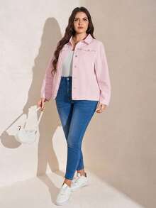 SHEIN LUNE 大尺碼女款長袖單排扣休閒牛仔外套 - 粉色 - 查看 5