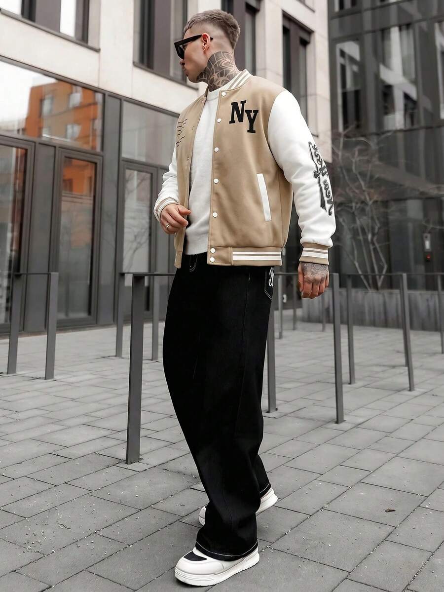 Artur Kramer Men Long Sleeve Slogan Graphic Two Tone Varsity Jacket, For Fall - Multicolor - View 1