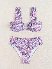 Swim Mod Springbreak Women's Summer New Random Print Multicolor V-Neck Double Strap Sweet Ditsy Floral Pattern Vacation Bikini Set - Multicolor - View 4