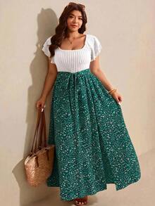 Elaquor Women's Plus Size Ruffle Sleeve High Waist Side Slit Dress - Dark Green - View 6