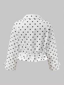 SHEIN 青少年女孩黑白波點短款風衣外套，翻領雙排扣設計，抽褶腰帶，袖口綁帶細節，英倫風通勤上衣，春夏秋冬百搭小碼外衣，小眾設計極簡優雅青少年女孩穿搭 - 黑與白 - 查看 3