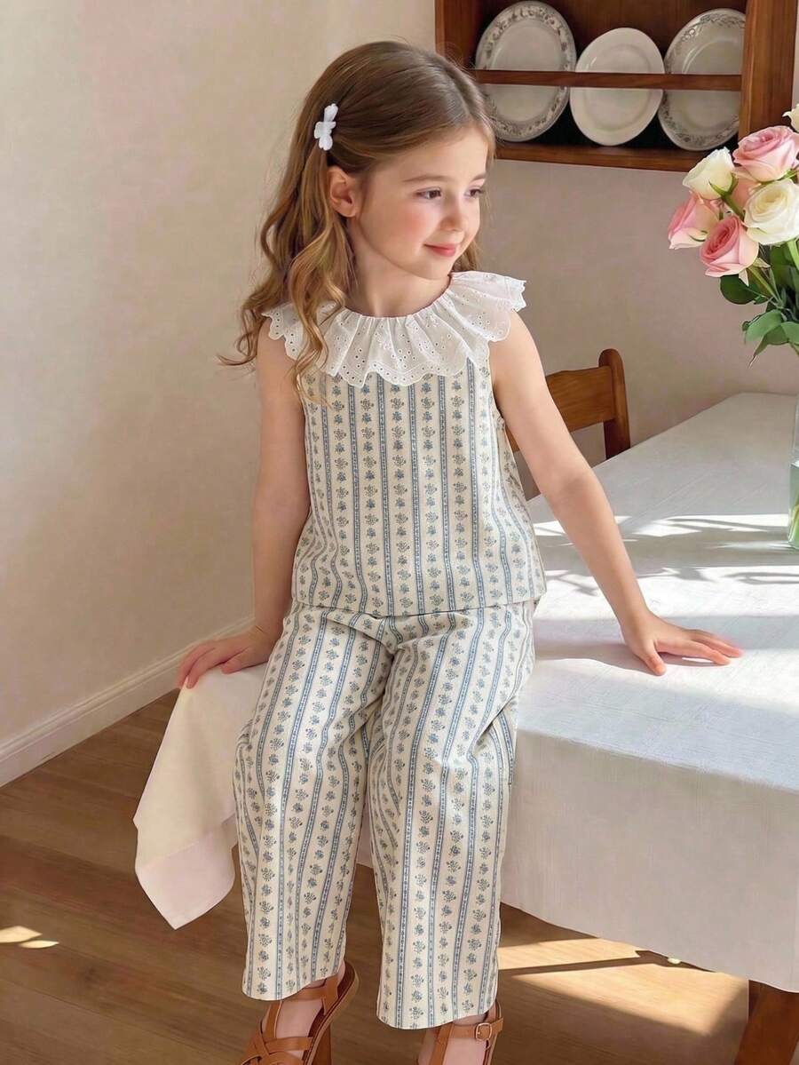SHEIN LMoss Kids 少女編織花卉荷葉邊上衣與寬鬆長褲 2件套 - 彩色 - 查看 1