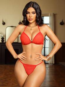 Seduluxe 4pcs/Set Women's Wireless Sexy Mesh Lingerie Set - Red - View 5