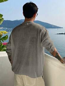 DAZY 夏季度假海灘風紋理面料灰色半開領男士針織上衣 - 灰色 - 查看 2
