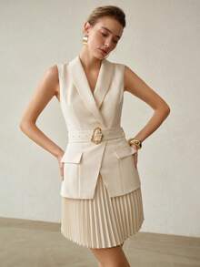 MOTF PREMIUM FASHION CINCHED CINCHED WAIST PLEATED SHAWL COLLAR ELEGANT A-LINE SHORT DRESS FOR WOMEN - Apricot - View 5