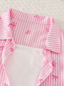 SHEIN 女童條紋長袖上衣與寬鬆淺藍色牛仔褲2件套，甜美休閒春秋冬穿搭，適合日常穿著 - 粉色 - 查看 6