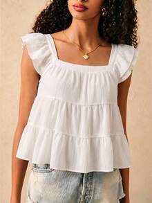 SHEIN Frenchy Women's Casual Multi-Layered Ruffle Blouse, Cap Sleeve Shirt, Summer Outfit - White - View 2