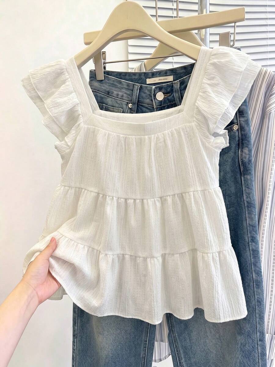 SHEIN Frenchy Women's Casual Multi-Layered Ruffle Blouse, Cap Sleeve Shirt, Summer Outfit - White - View 1