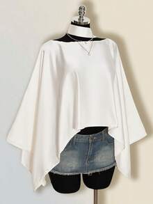 SHEIN ICON 夏季女款婚禮賓客緞面純色休閒百搭日常外出上衣 - 米色 - 查看 5