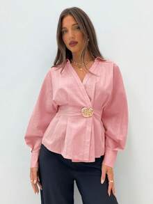 Siren Gaze Women's Lapel Long Sleeve Waist-Cinched Metal Buckle Decor Pink Shirt For Commute And Daily Wear - Pink - View 8