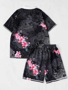 ROMWE MEN Street Life 春夏季街頭風龍圖案與花卉印花 Polo 衫短褲套裝 - 彩色 - 查看 2