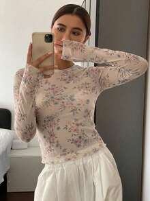 DAZY 女款花卉印花修身長袖上衣圖案T恤 - 淺粉色 - 查看 4