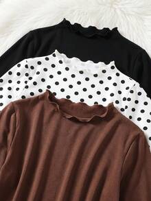 SHEIN 女童3件組/套 青少女休閒基本款黑白圓點印花領口針織修身T恤套裝，秋冬女童毛衣 女童立領 女童素色襯衫長袖上衣 羅紋針織上衣 黑、白、棕色長袖上衣 女童立領襯衫 素色上衣 女童羅紋針織上衣 女童荷葉領襯衫 青少女羅紋襯衫 長袖襯衫 女童素色襯衫 女童長袖上衣 素色 女童上衣 女童羅紋長袖上衣 - 彩色 - 查看 5